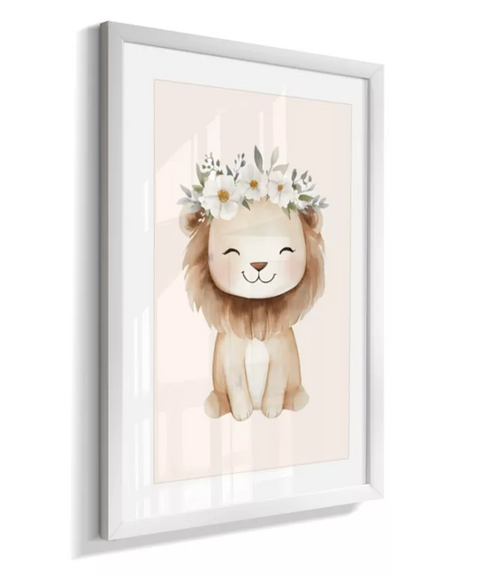 Quadro Infantil Quarto Bebê Menina Leão Safari Floral