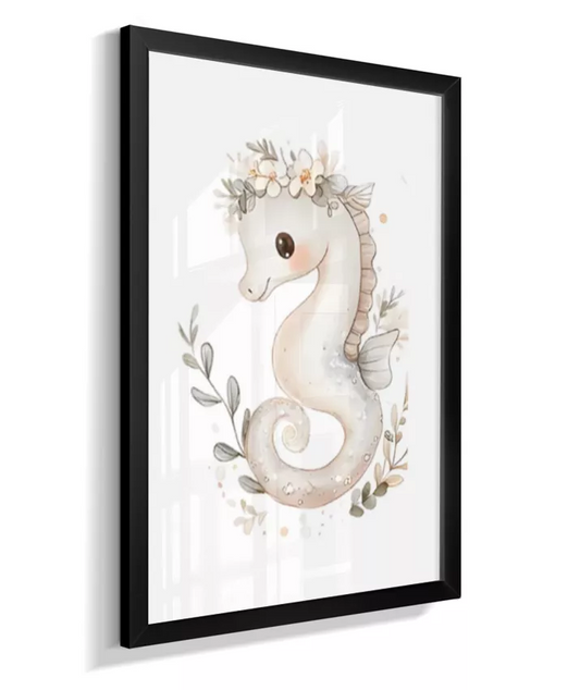 Quadro Infantil Decorativo Fundo do Mar Floral Cavalo Marinho
