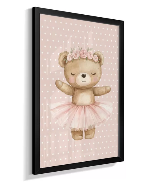Quadro Decorativo Infantil Quarto Bebê Menina Ursinha Bailarina Rosa