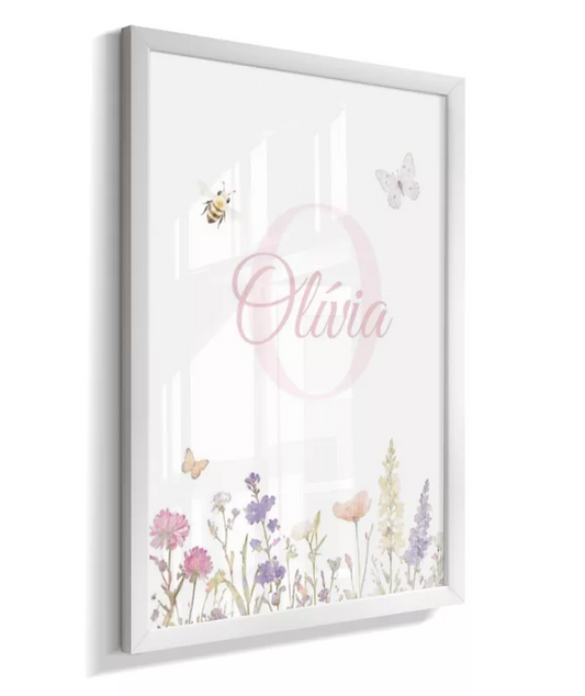 Quadro Infantil Bebê Menina Jardim Floral Personalizado Nome e Inicial