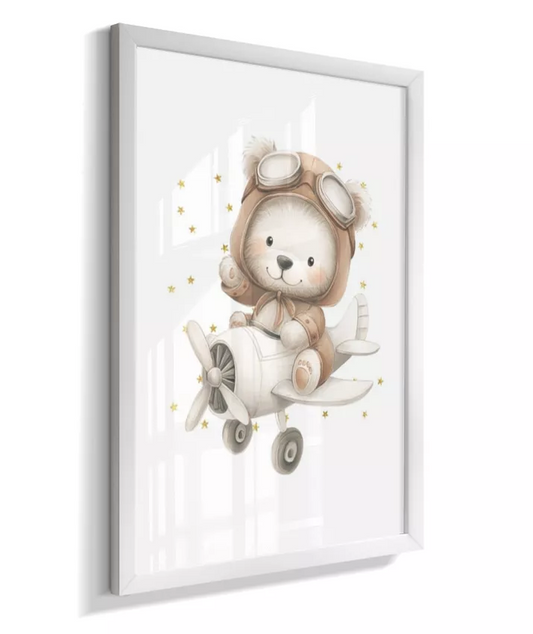Quadro Infantil Decorativo Quarto Bebê Menino Ursinho Aviador Vintage