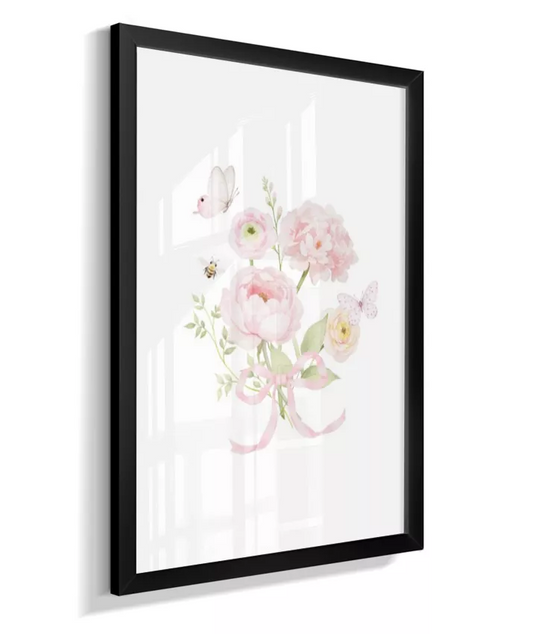 Quadro Decorativo Infantil Quarto Bebê Menina Rosa Bouquet Flores Borboletas