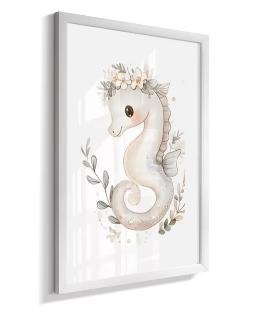 Quadro Infantil Decorativo Fundo do Mar Floral Cavalo Marinho