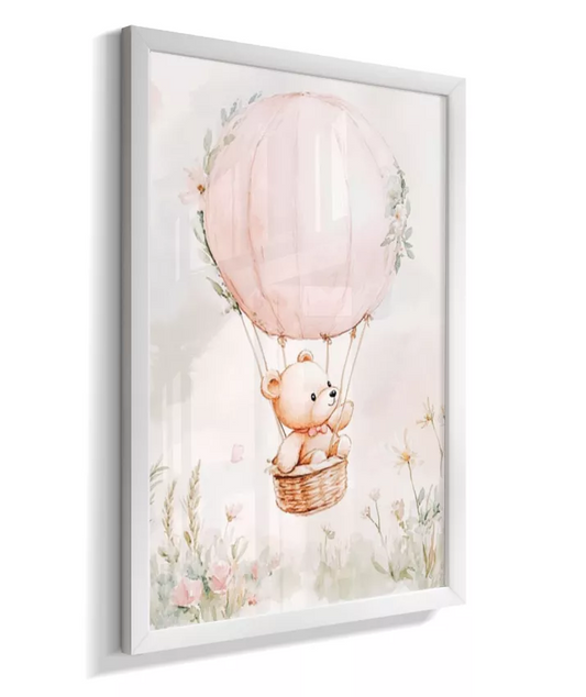 Quadro Infantil Urso Balão Rosa Flores