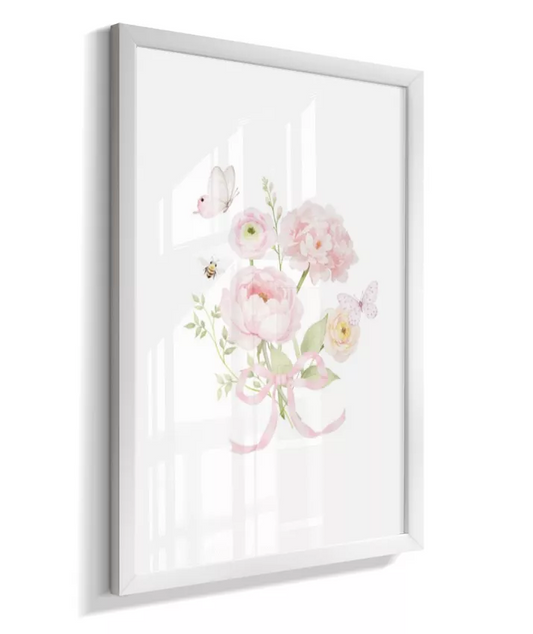 Quadro Decorativo Infantil Quarto Bebê Menina Rosa Bouquet Flores Borboletas