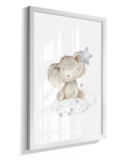 Quadro Infantil Decorativo Elefante Nuvens Quarto Bebê Menino Azul