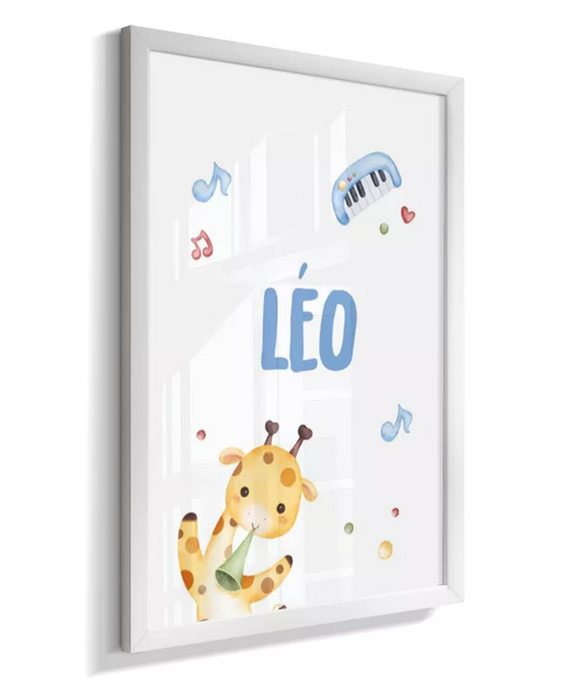 Quadro Quarto Bebê Infantil Animais Musicais Girafa Personalizado Nome