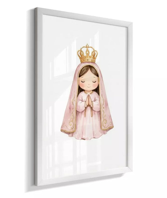 Kit 3 Quadros Decorativos Infantil Rosa Nossa Senhora + Oração Santo Anjo Personalizado Nome e Inicial