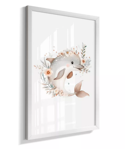 Quadro Infantil Decorativo Fundo do Mar Floral Golfinho