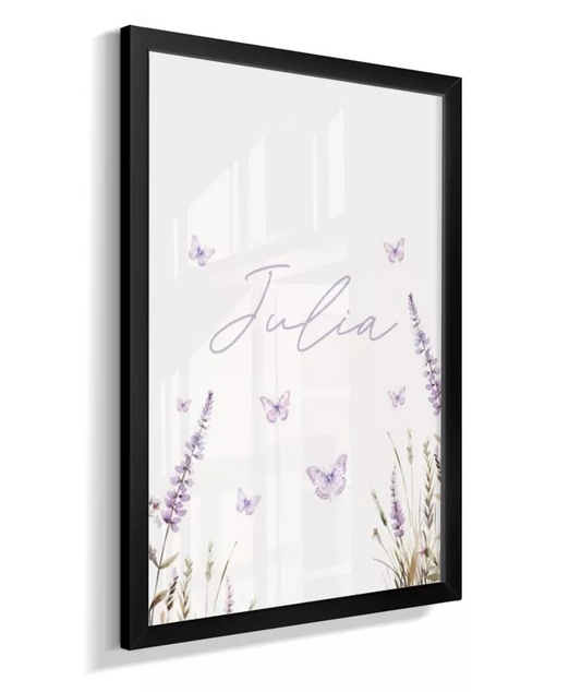 Quadro Infantil Decorativo Lavanda e Borboletas Personalizado