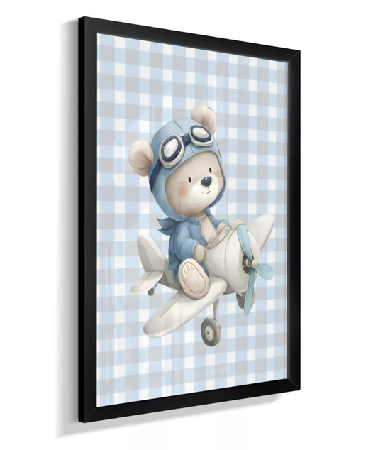 Quadro Infantil Quarto Bebê Menino Ursinho Aviador Azul Xadrez Com Moldura