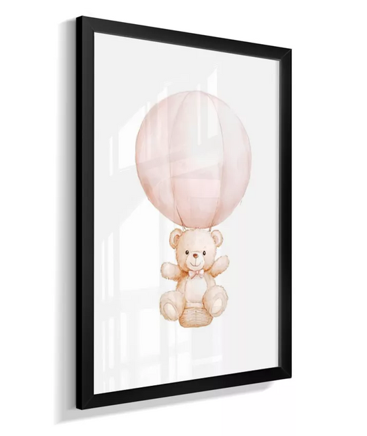 Quadro Infantil Ursinho No Balão Cor de Rosa