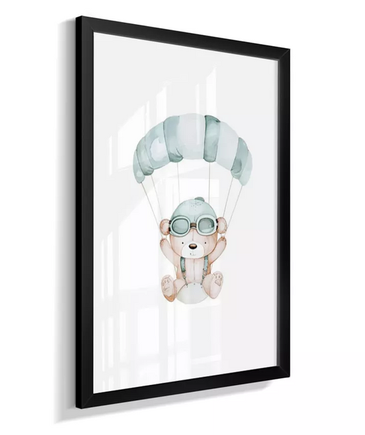 Quadro Infantil Decorativo Ursinho Aviador Paraquedas