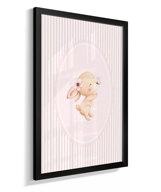 Quadro Decorativo Infantil Quarto Bebê Menina Rosa Listras Coelha Borboleta