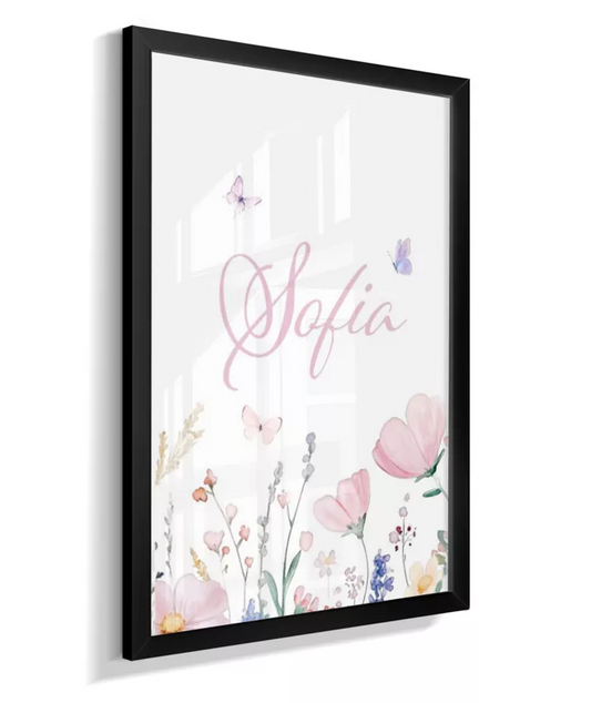 Quadro Infantil Decorativo Quarto Bebê Menina Jardim das Borboletas Personalizado com Nome