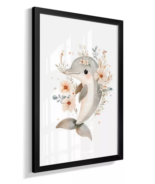 Quadro Infantil Decorativo Fundo do Mar Floral Golfinho