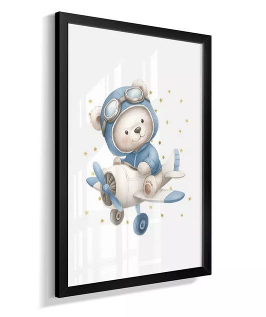 Quadro Infantil Quarto Bebê Menino Ursinho Aviador Azul