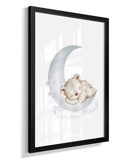 Quadro Infantil Decorativo Ursinho Bebê Dormindo Lua Quarto Bebê Menino Azul