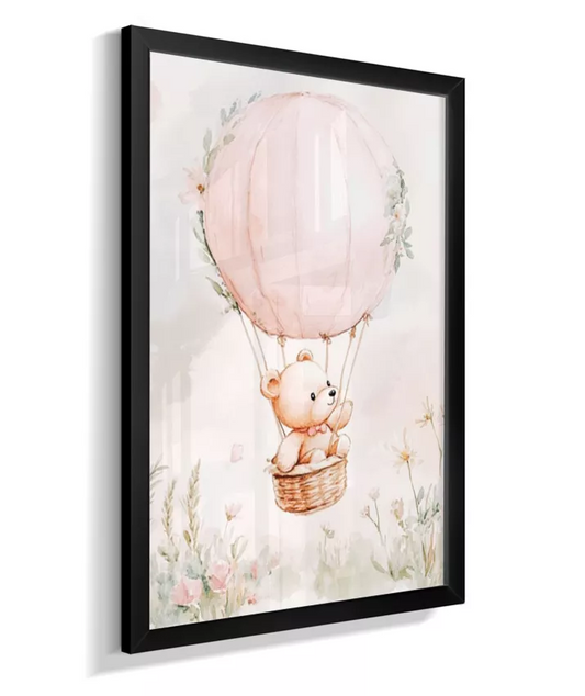 Quadro Infantil Urso Balão Rosa Flores