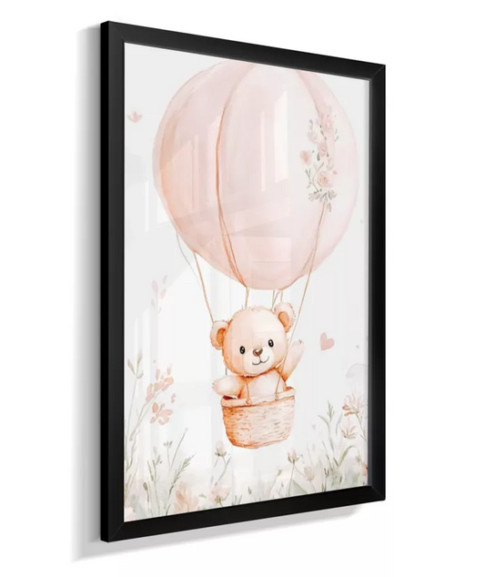 Quadro Infantil Urso Rosa No Balão Jardim e Flores