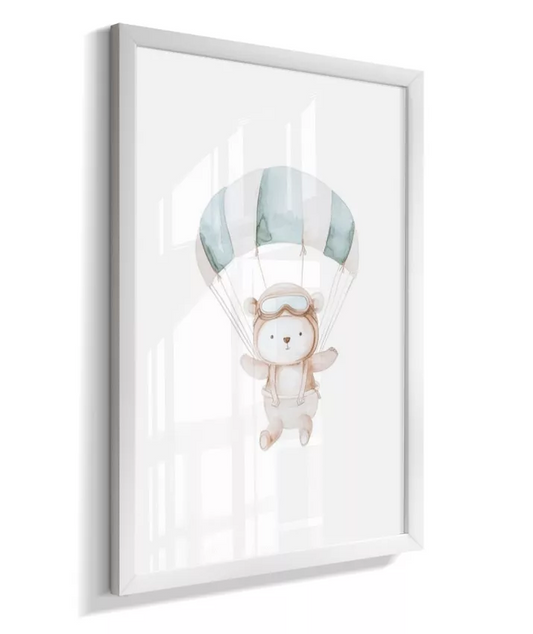 Quadro Infantil Decorativo Ursinho Aviador Paraquedas