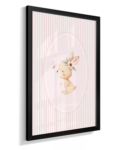 Quadro Decorativo Infantil Quarto Bebê Menina Delicado Rosa Listas Coelhinha Borboleta