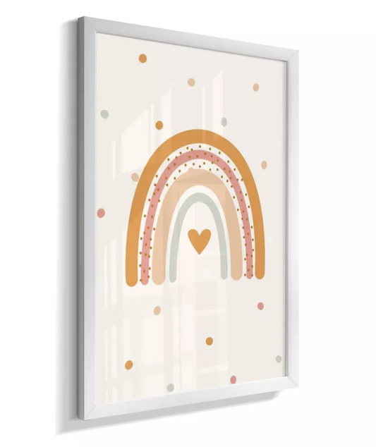 Quadro Infantil Quarto Bebê Arco-Íris Coração Boho