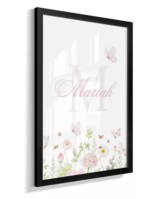 Quadro Decorativo Personalizado Quarto Bebê Menina Rosa Jardim Flores e Borboletas