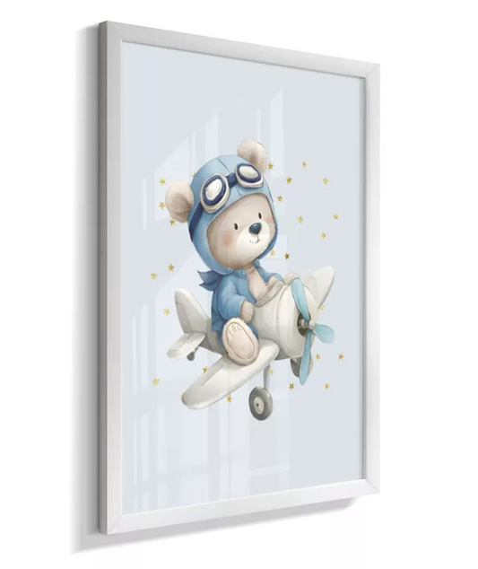 Quadro Infantil Decorativo Quarto Bebê Menino Ursinho Aviador Azul Estrelas
