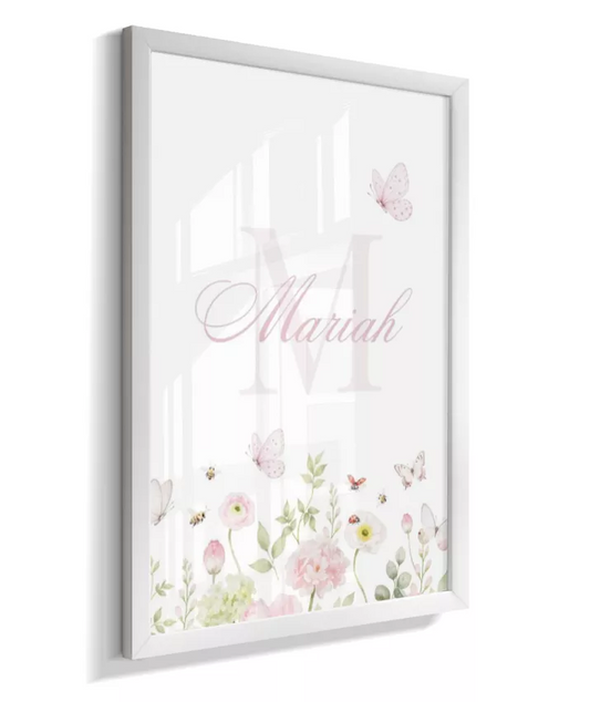 Quadro Decorativo Personalizado Quarto Bebê Menina Rosa Jardim Flores e Borboletas