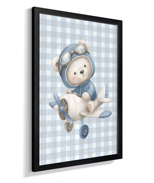 Quadro Infantil Decorativo Quarto Bebê Menino Ursinho Aviador Xadrez