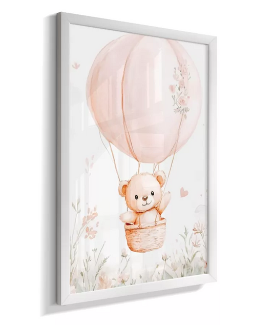 Quadro Infantil Urso Rosa No Balão Jardim e Flores