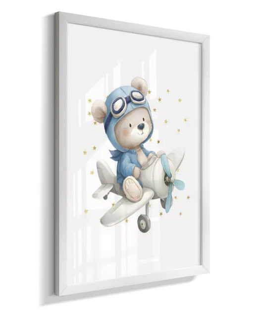 Quadro Infantil Quarto Bebê Menino Ursinho Aviador Azul