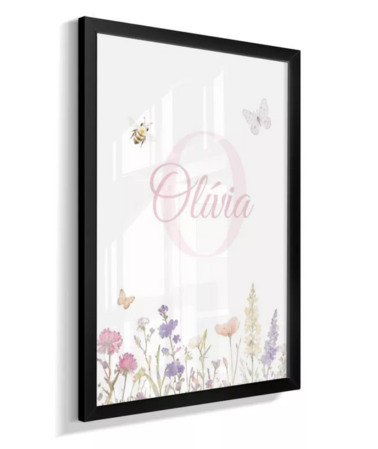 Quadro Infantil Bebê Menina Jardim Floral Personalizado Nome e Inicial