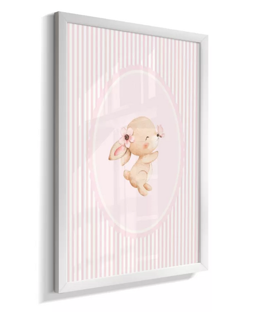 Quadro Decorativo Infantil Quarto Bebê Menina Rosa Listras Coelha Borboleta