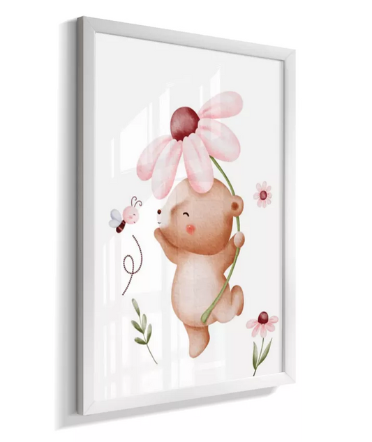 Quadro Quarto Bebê Infantil Ursinha Floral e Abelha