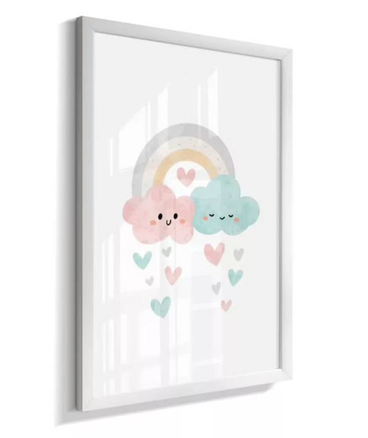 Quadro Quarto Bebê Infantil Nuvens Coloridas e Arco-Íris