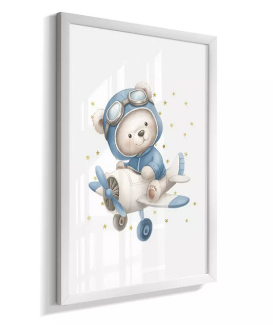 Quadro Infantil Quarto Bebê Menino Ursinho Aviador Azul