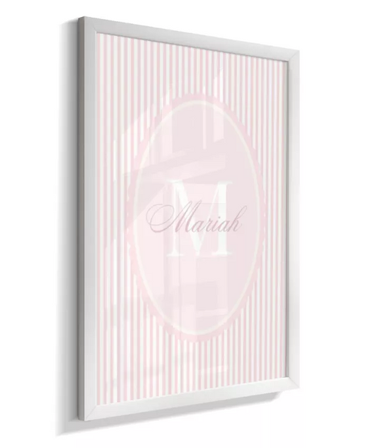 Quadro Decorativo Infantil Quarto Bebê Menina Rosa Listas Personalizado Nome Inicial