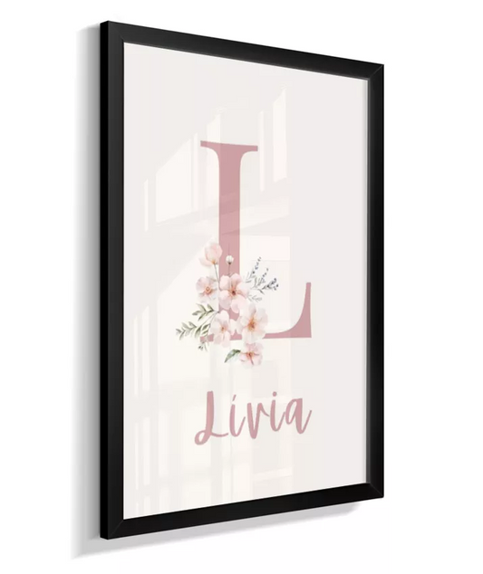 Quadro Decorativo Infantil Quarto Bebê Menina Rosa Personalizado Nome e Inicial Flores Floral