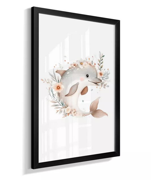 Quadro Infantil Decorativo Fundo do Mar Floral Golfinho