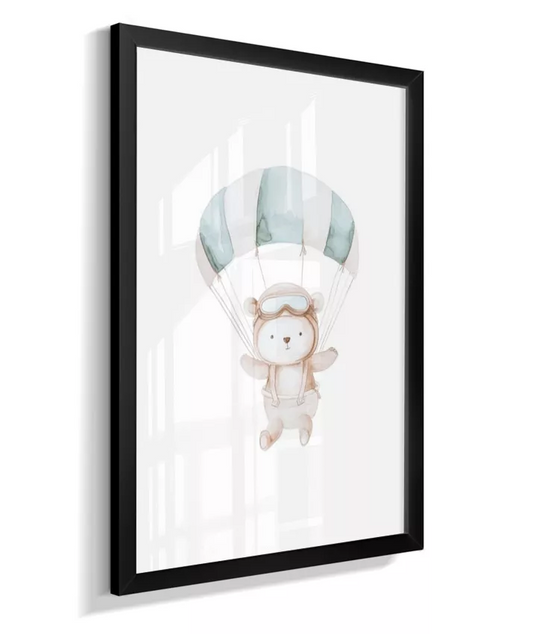 Quadro Infantil Decorativo Ursinho Aviador Paraquedas