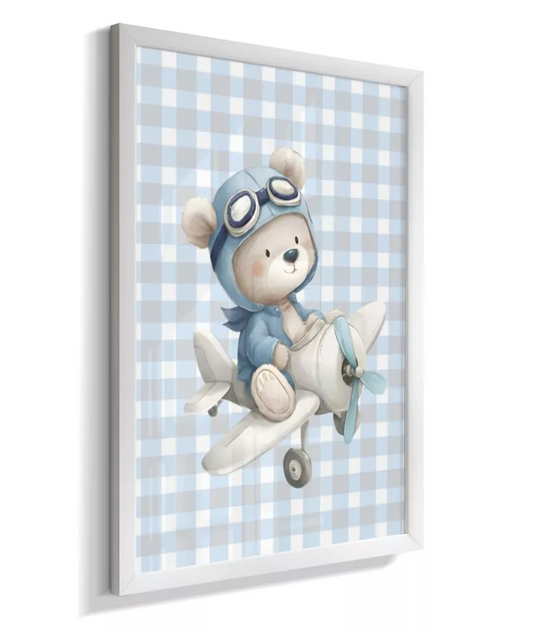 Quadro Infantil Quarto Bebê Menino Ursinho Aviador Azul Xadrez Com Moldura
