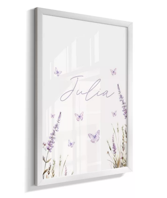 Quadro Infantil Decorativo Lavanda e Borboletas Personalizado