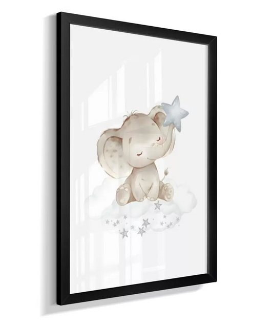Quadro Infantil Decorativo Elefante Nuvens Quarto Bebê Menino Azul