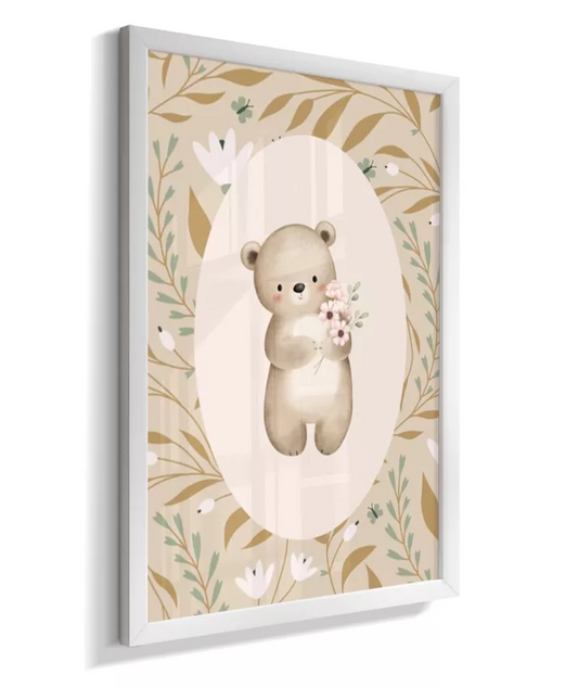 Quadro Quarto Bebê Infantil Bosque Floral Urso