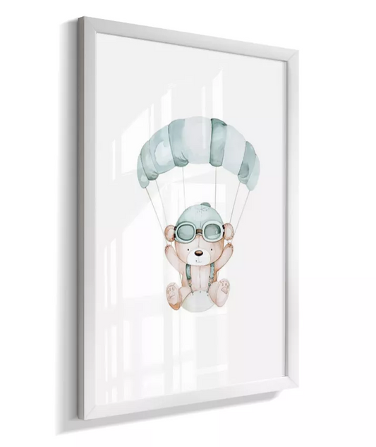 Quadro Infantil Decorativo Ursinho Aviador Paraquedas