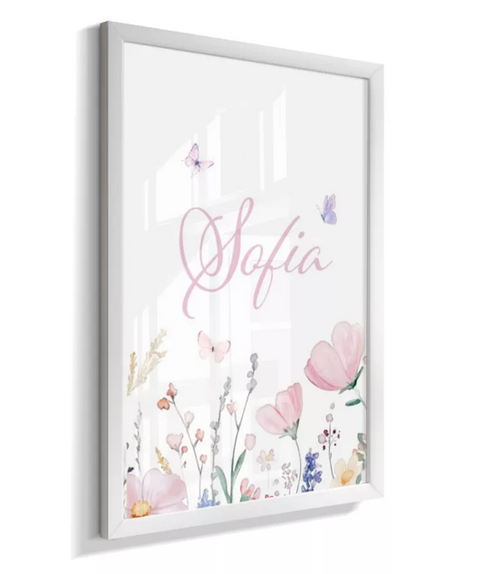 Quadro Infantil Decorativo Quarto Bebê Menina Jardim das Borboletas Personalizado com Nome