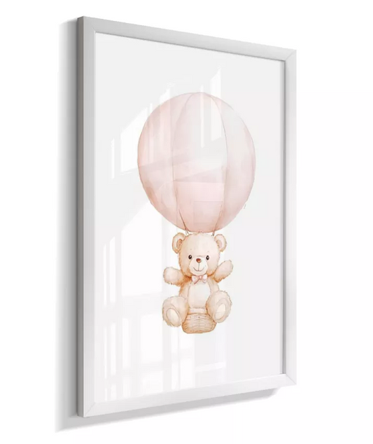 Quadro Infantil Ursinho No Balão Cor de Rosa