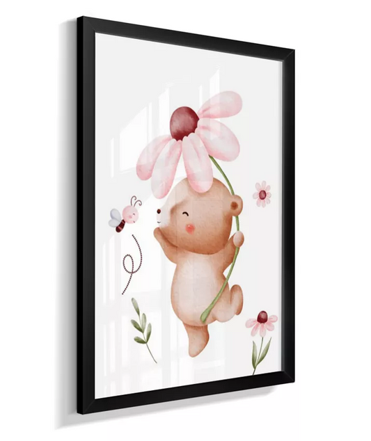 Quadro Quarto Bebê Infantil Ursinha Floral e Abelha